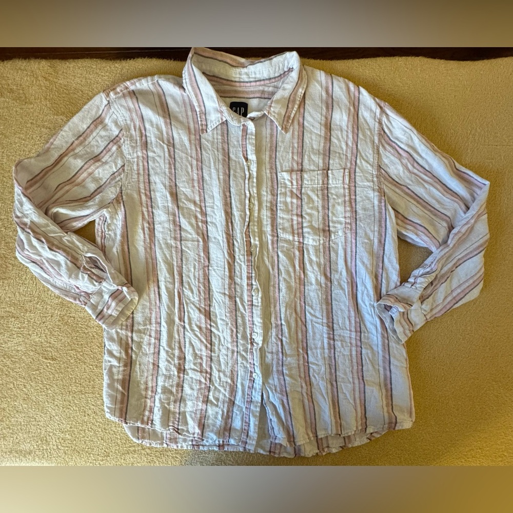 GAP Women's Striped Button-Down Shirt - White and Pink